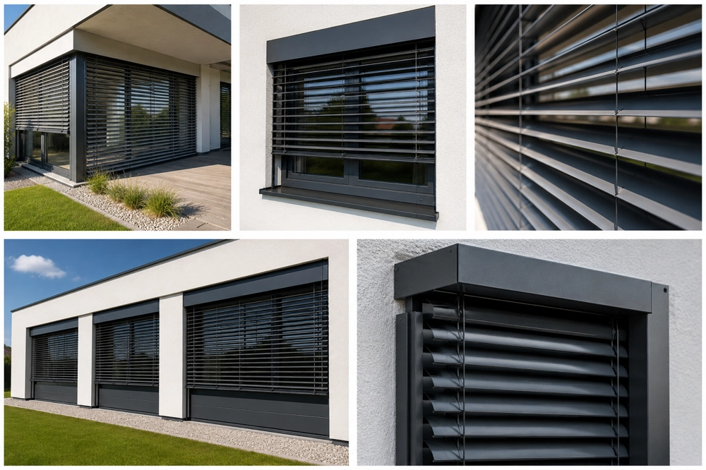 Weiße Hausfassade mit großen Aluminiumfenstern und schwarzen Außenjalousien im modernen Sonnenschutzsystem