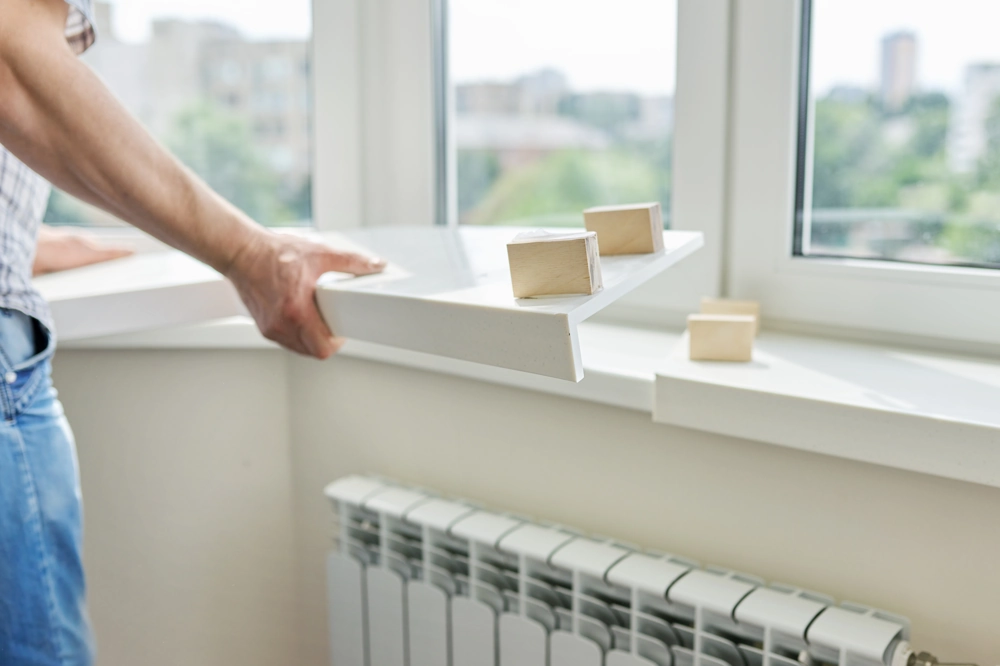 Montage einer weißen Fensterbank mit Montagekeilen – Fensterbänke