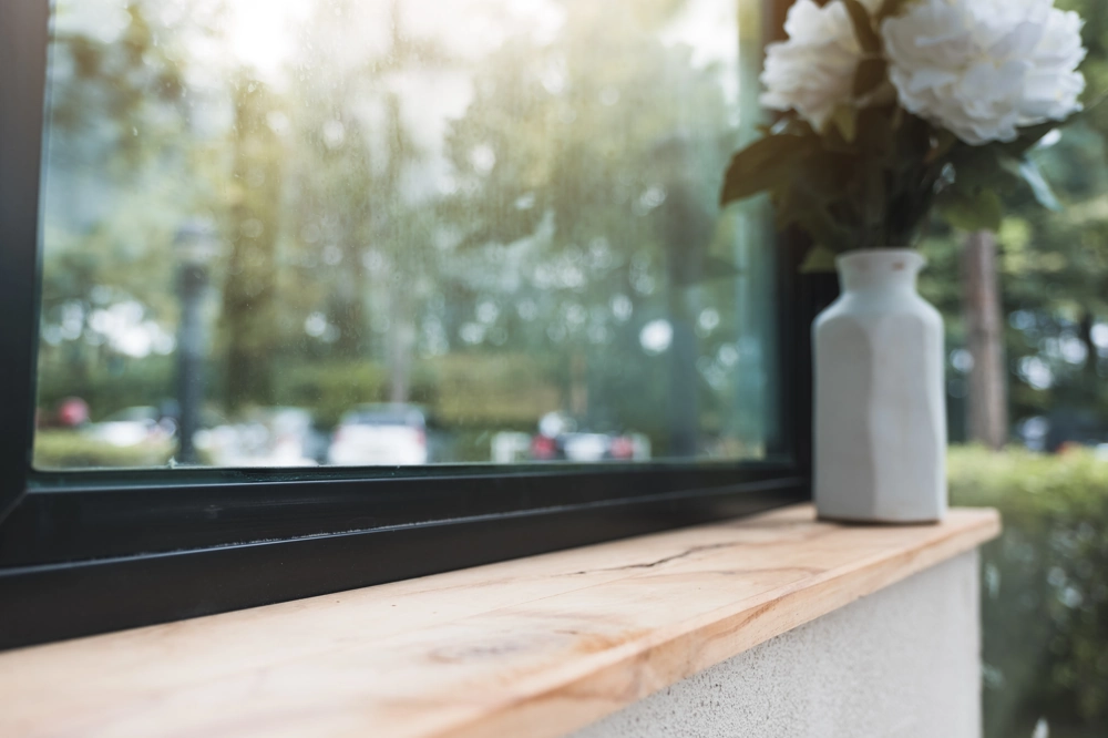 Holz-Fensterbänke mit dekorativer Vase und weißen Blumen vor grünem Außenbereich