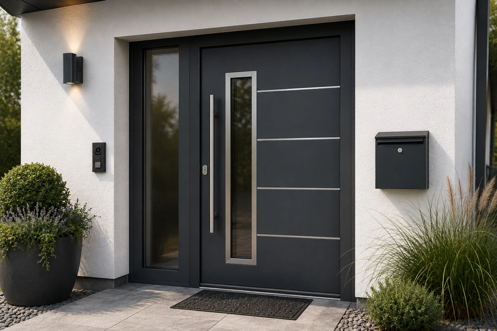 Eingang mit moderner Aluminium Haustüren, Glas-Seitenteil, Edelstahlgriff und integrierter Gegensprechanlage