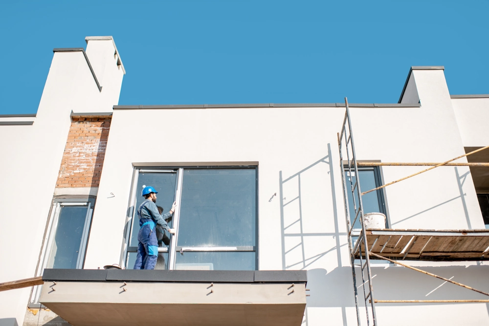 Fenstermontage: Zwei Handwerker montieren bodentiefe Fensterfront an weißer Fassade mit Gerüst